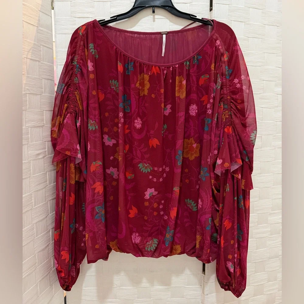 Free People Boho Floral Balloon Sleeve Blouse Burgundy Peasant Top Size M